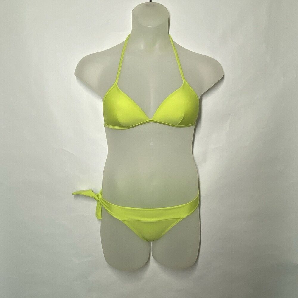 AGUA DOCE Brazilian 2-pc Bikini Size L Chartreuse Hip Tie Stretch Cheeky Logo